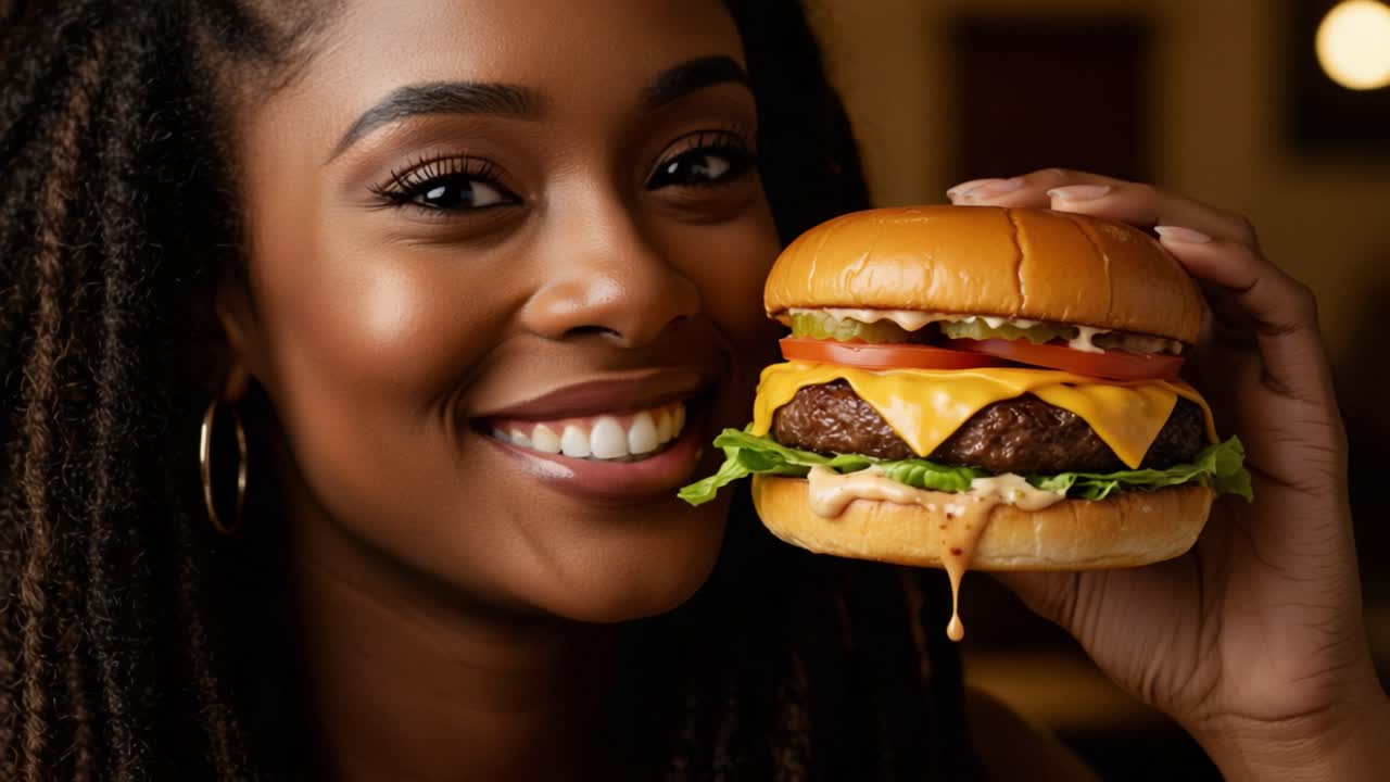 Delizia ad ogni morso: Un momento gioioso con una persona splendida con un appetitoso hamburger ricco di ingredienti freschi e un sorriso perfetto.