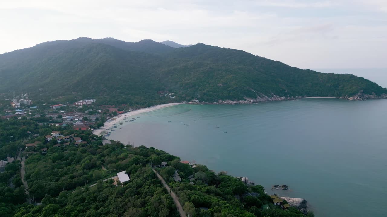 Aerial Haad Rin beach in Koh Phangan island gulf of Thailand famous destination full moon party south east Asia