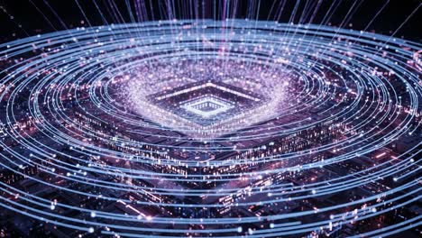 an abstract visualization of light trails and geometric shapes creating a dynamic flow of energy in a sci-fi inspired digital environment