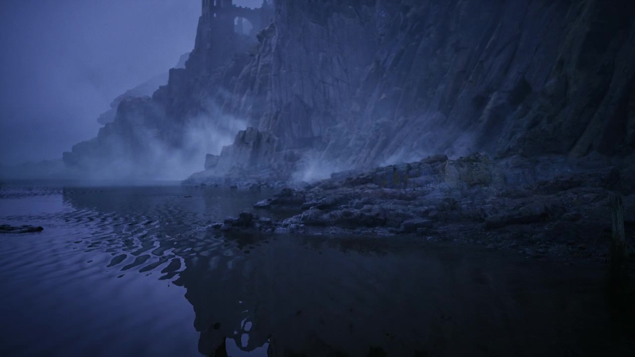 Dark water reflects towering cliffs with gentle mist and subdued tones