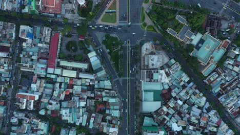 aerial over busy and congested roads at rush hour of danang city, vietnam