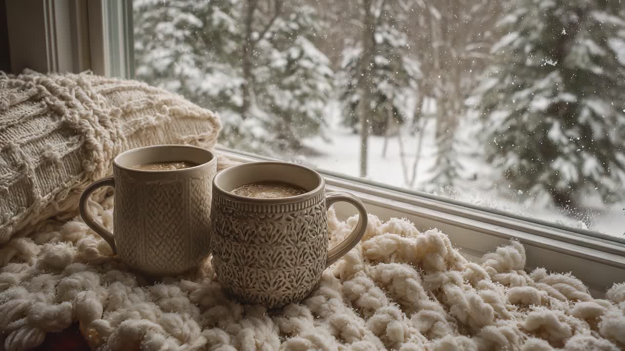Acogedora escena invernal con chocolate caliente junto a la ventana: Disfrutando del confort de las bebidas cálidas en medio de un paisaje nevado.