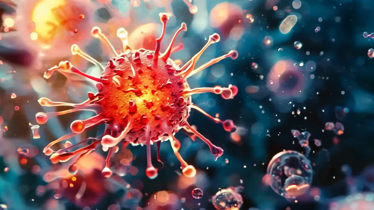A close up of a virus with red and pink colors. The virus is surrounded by a blue background