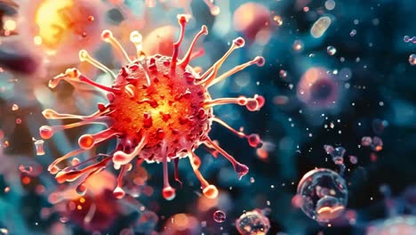 a close up of a virus with red and pink colors. the virus is surrounded by a blue background
