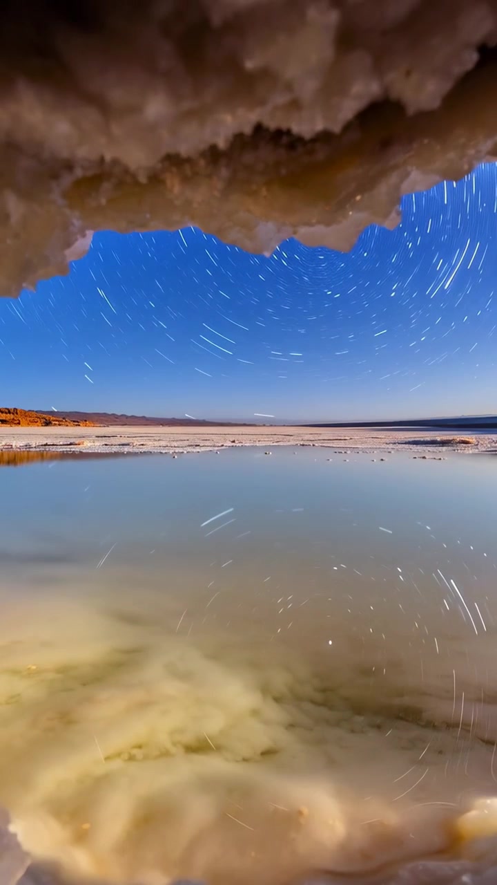 Vertical video: Shutter opening, star trails rotating on salt pool, overhang showing sky rotation