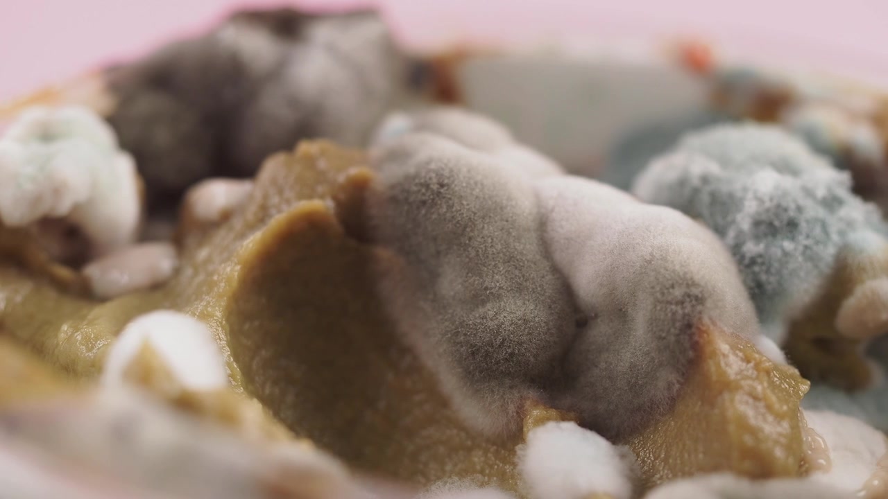 Close-up of Mold Growing on Spoiled Food in a Plastic Container