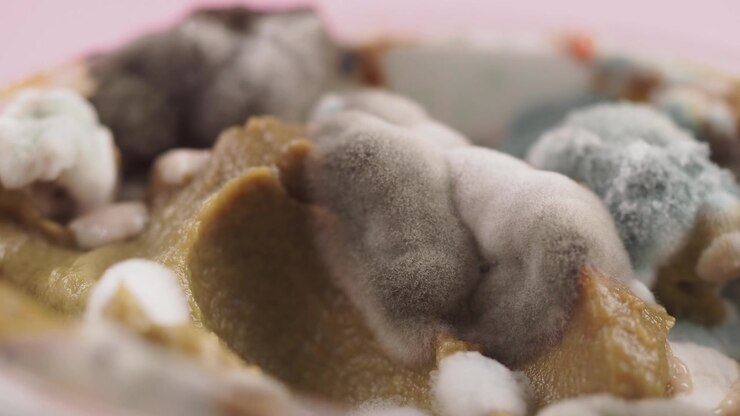 Close-up of Mold Growing on Spoiled Food in a Plastic Container