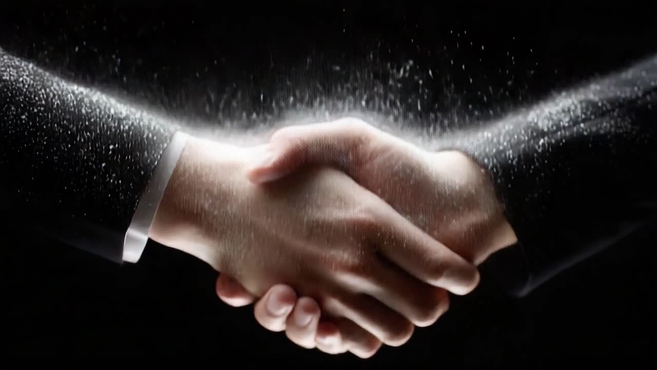 Two Hands Engaging in a Firm Handshake Surrounded by a Whirl of Fine Particles, Symbolizing Partnership, Agreement, and Mutual Commitment in a Professional Environment