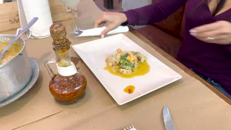 arrangement of seafood with rice in a restaurant