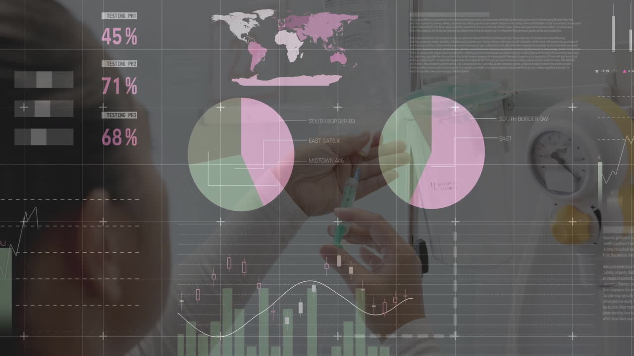 visualización de datos animación superposición científico que trabaja en el laboratorio en la computadora