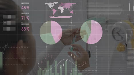 data visualization animation overlaying scientist working in laboratory on computer