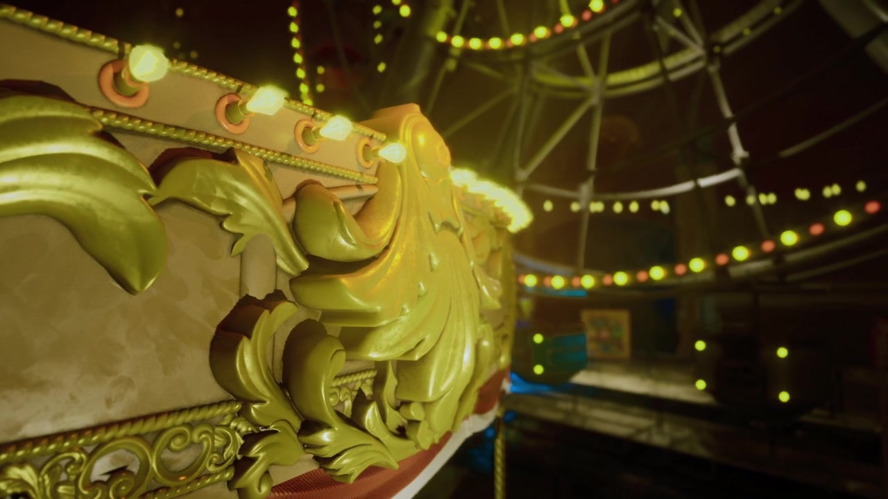 Golden carousel horse with intricate metallic embellishments and warm lighting