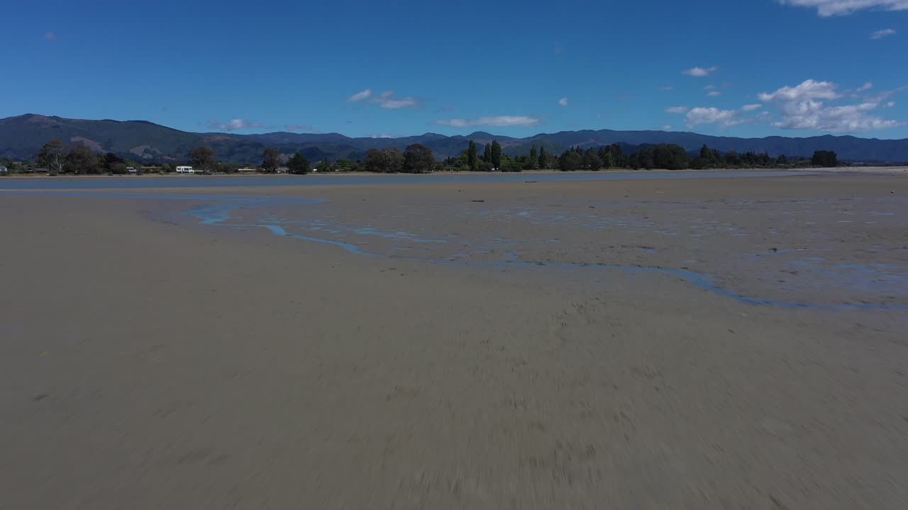 drones sobrevolan las llanuras de barro hacia la costa alineadas con pinos en un día soleado con cielos azules