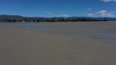 Drone-flyover-mudflats-towards-shore-lined-with-pine-trees-on-a-sunny-day-with-blues-skies