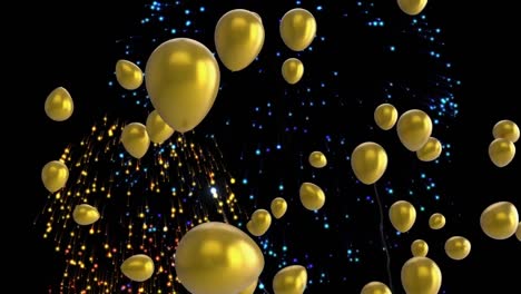 Animation-of-gold-balloons-with-fireworks-on-black-background
