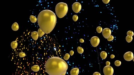 animation of gold balloons with fireworks on black background