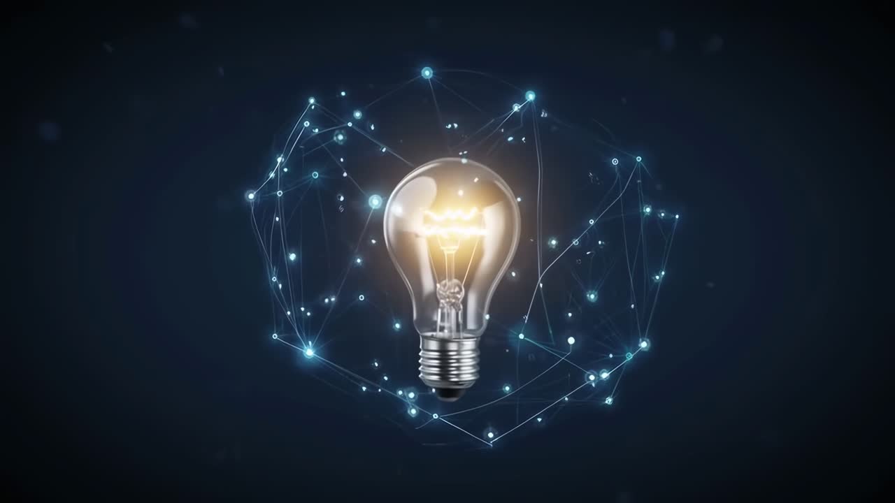 Concetto video futuristico con una lampadina luminosa e nodi di rete, angolazione frontale