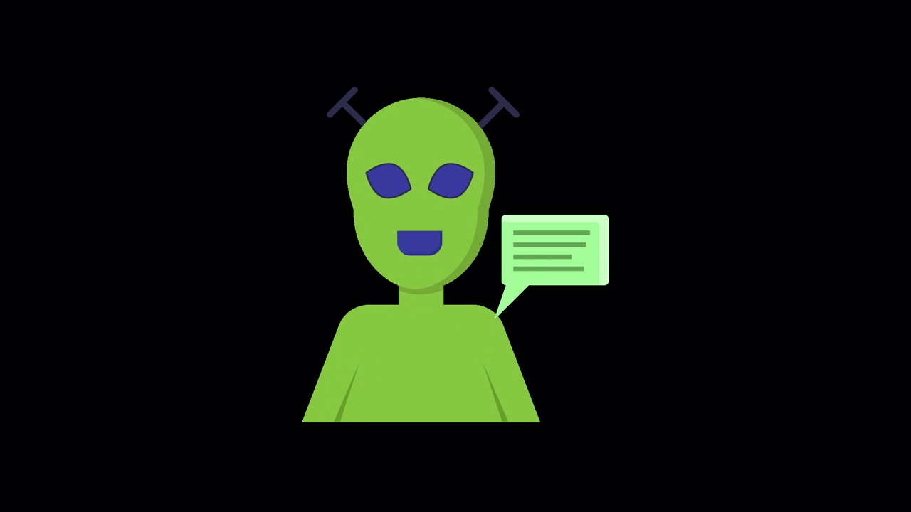 Animated Green Alien Character Speaking with a Speech Bubble