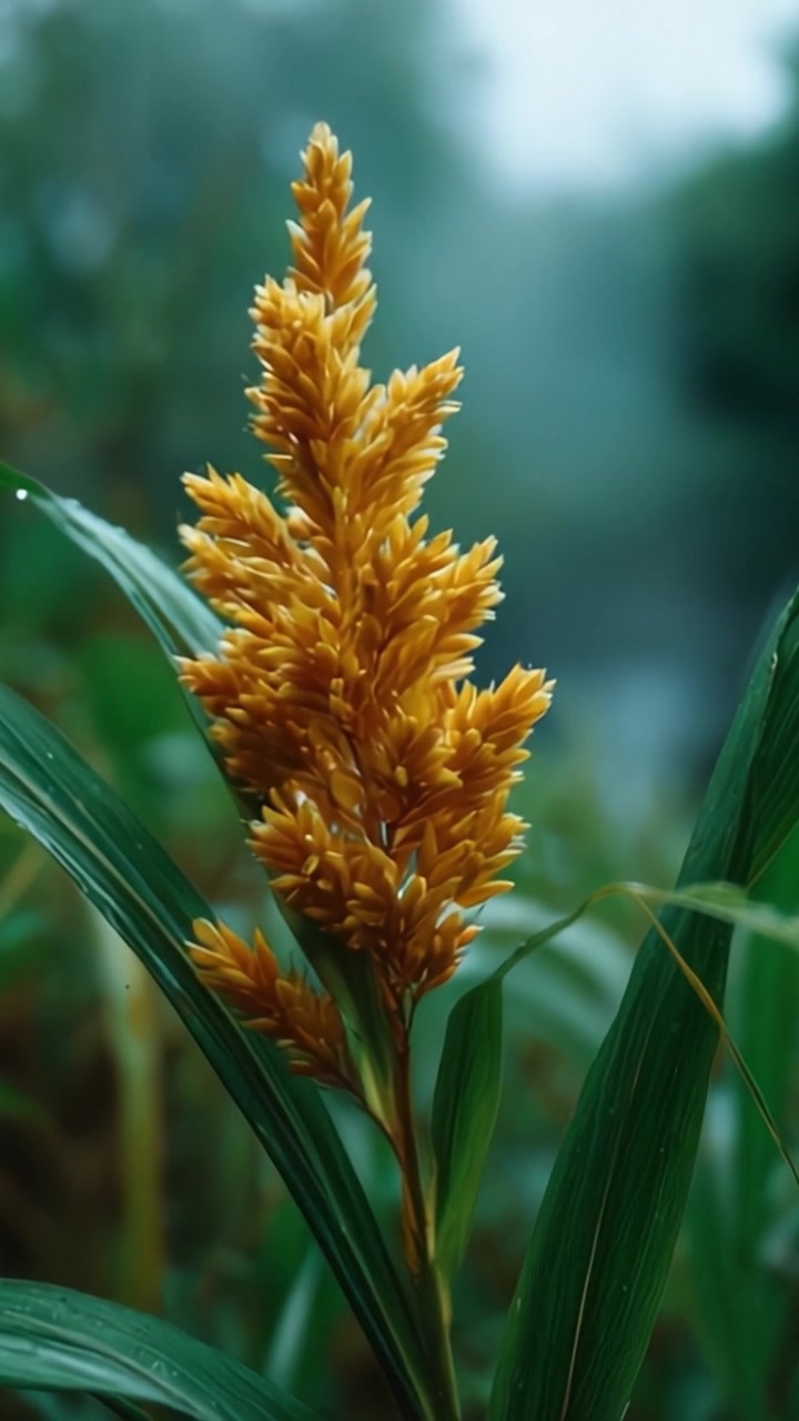 Pianta fiorita di un giallo vivace con foglie verdi lussureggianti, catturata in un paesaggio nebbioso, che mostra la bellezza della flora naturale e la diversità botanica.