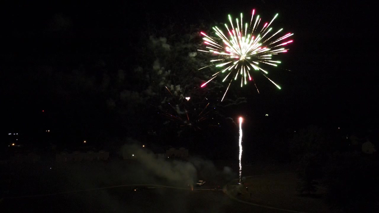 Aerial view with a Drone of fireworks on the 4th of July in Pataskala Ohio