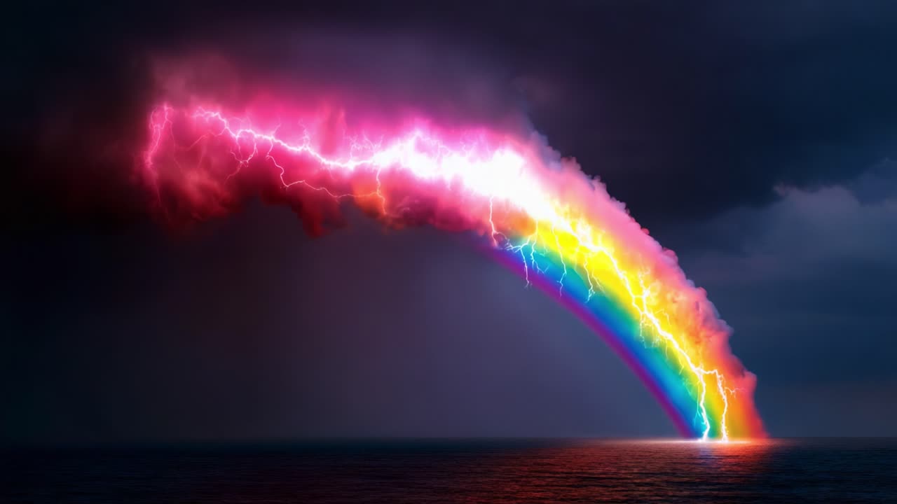 A mesmerizing display of nature's beauty unfolds with vibrant colors in the sky and powerful lightning striking down, illuminating the rainbow arching over the water's edge