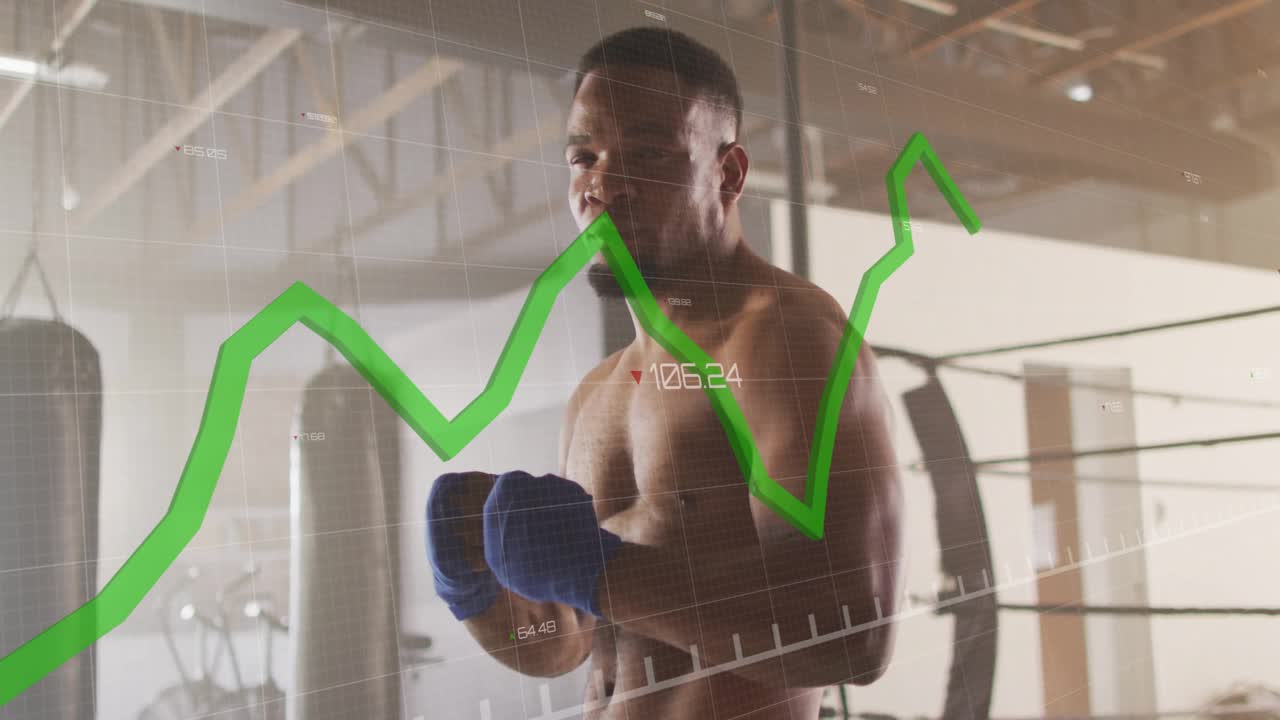 Boxer reacting to animated fitness graph fluctuating by raising guard and adjusting stance