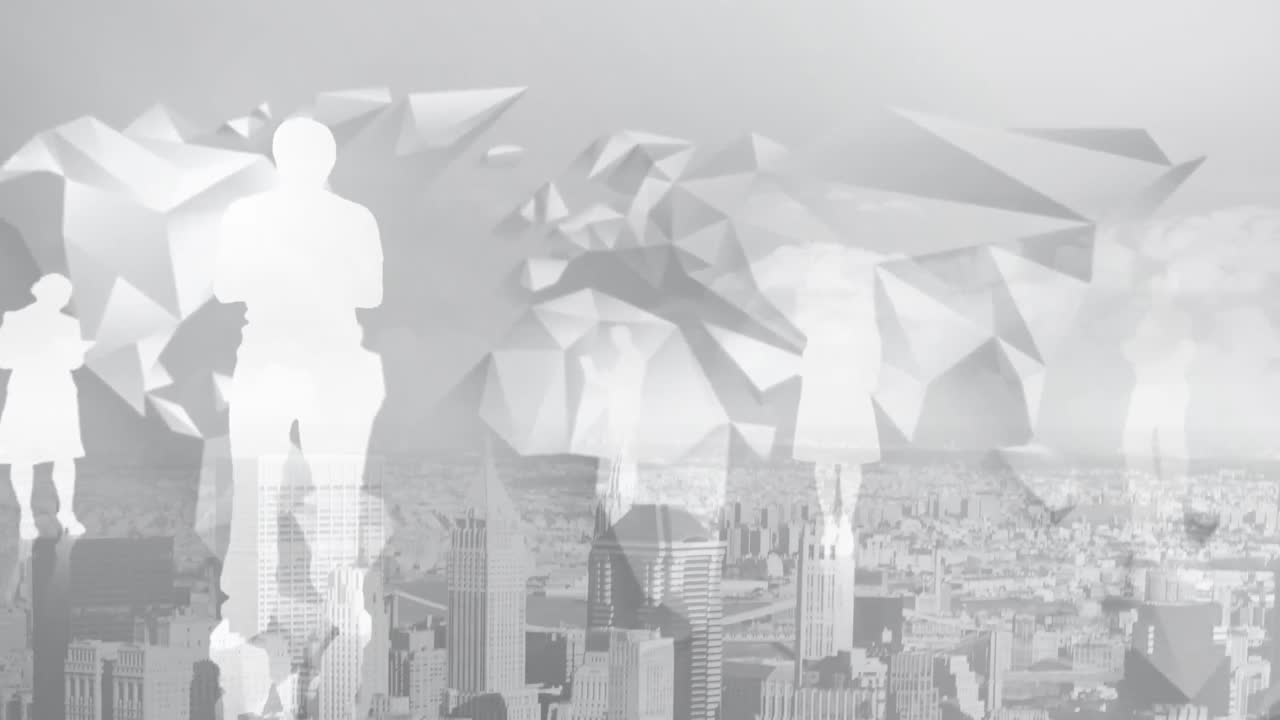 도시를 가로질러 모양과 사업가들의 애니메이션.