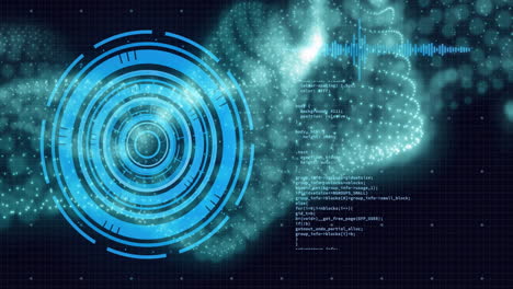 interfaz digital futurista con círculos giratorios y animación de código sobre el fondo de la cuadrícula