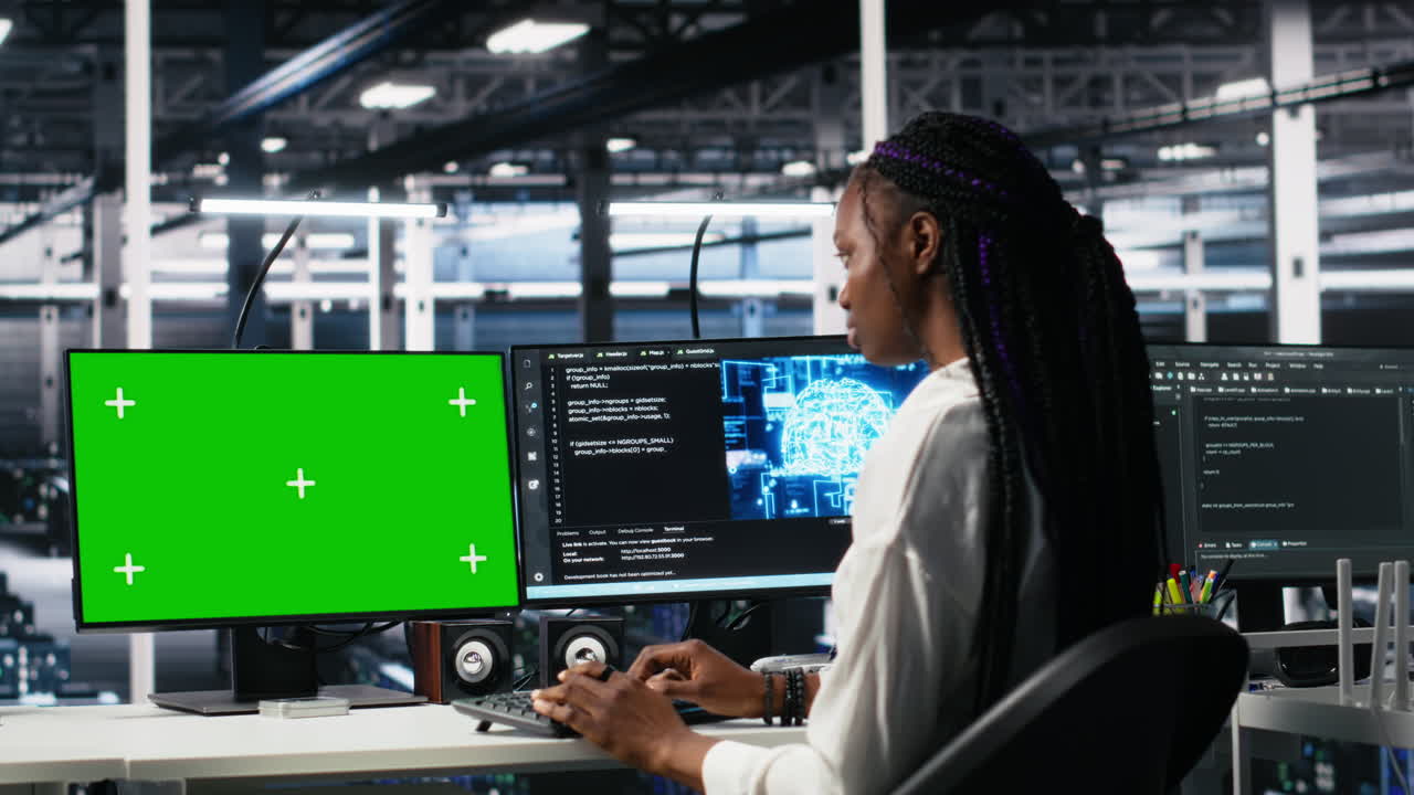 Female Technician And Coworker In Data Center Review Ai Diagnostics On Mockup Pc