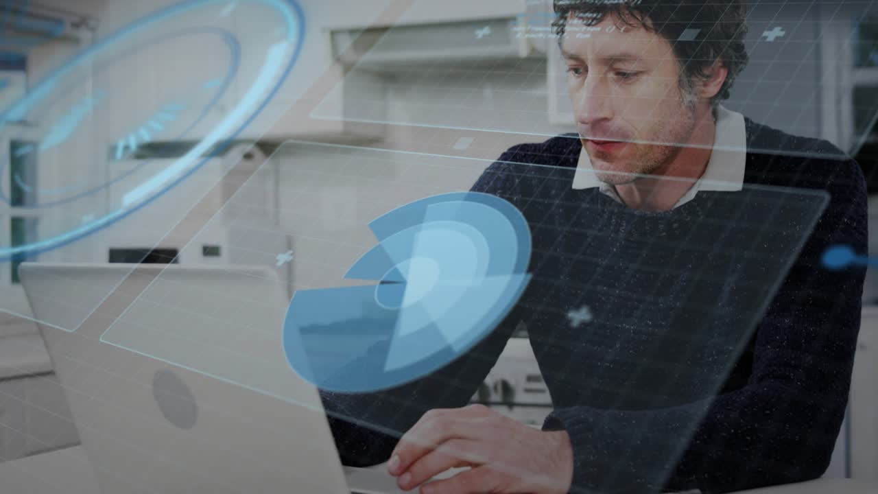 Tech pro resting hands on laptop and typing, activating rotating blue circular AR HUD overlays