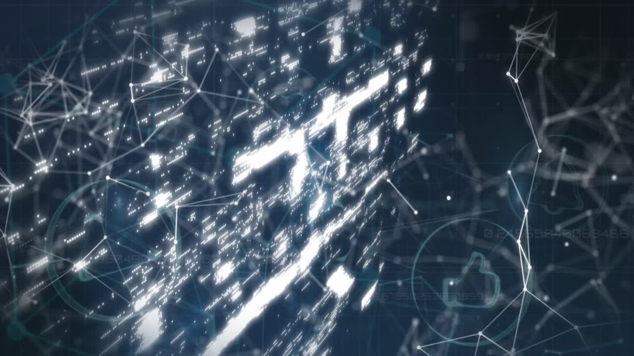 파란색 배경에 보안 락 아이콘, 연결 네트워크 및 디지털 아이콘의 애니메이션