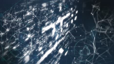 animation of security padlock icon, network of connections and digital icons on blue background