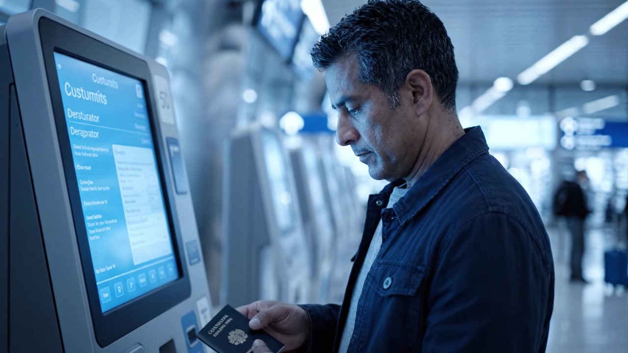 A man interacts with a self-service kiosk, navigating custom options at an airport terminal during a travel experience, showcasing modern technology and convenience.