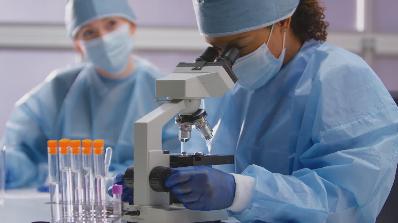 Female Lab Workers Wearing PPE Analysing Samples In Laboratory With Microscope Record Test Results