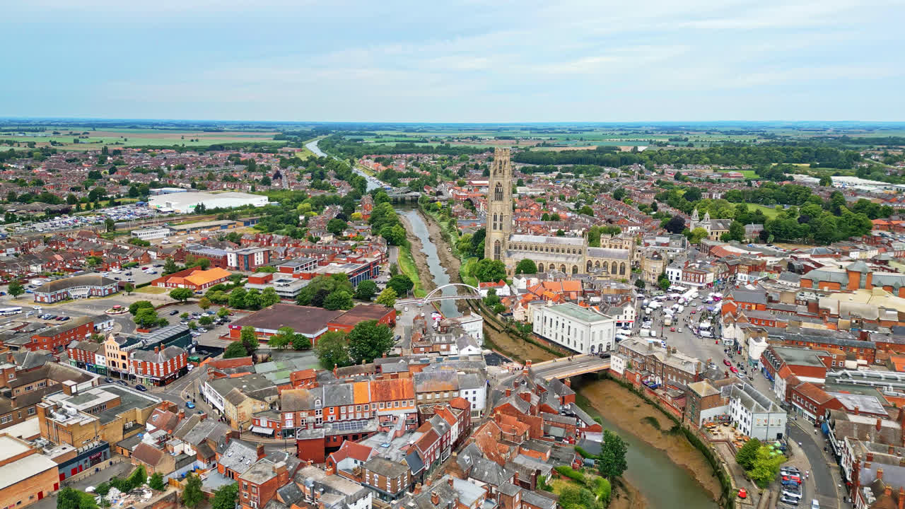 scenic beauty of Boston, Lincolnshire, in mesmerizing aerial drone footage: Port, ships, Saint Botolph Church , Saint Botolph's Bridge