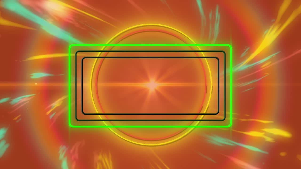 색의 추상적인 배경에 렌즈 플레어와 함께 조명 직사각형과 원의 애니메이션