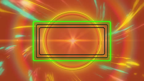 animación de rectángulos y círculos iluminados con destellos de lentes sobre un fondo abstracto de colores