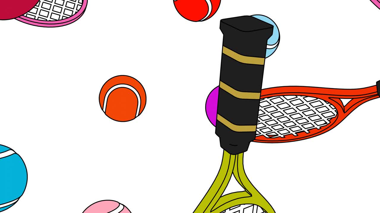 색 배경에 다채로운 테니스 공과 테니스 라켓을 그려 놓습니다.