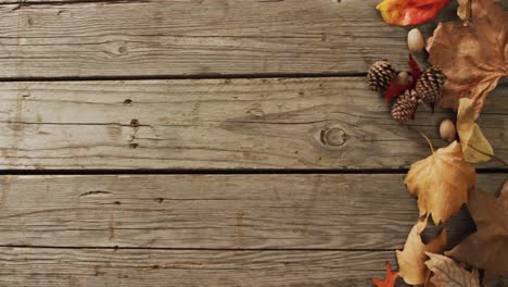 video de piñas y hojas de otoño sobre fondo de madera