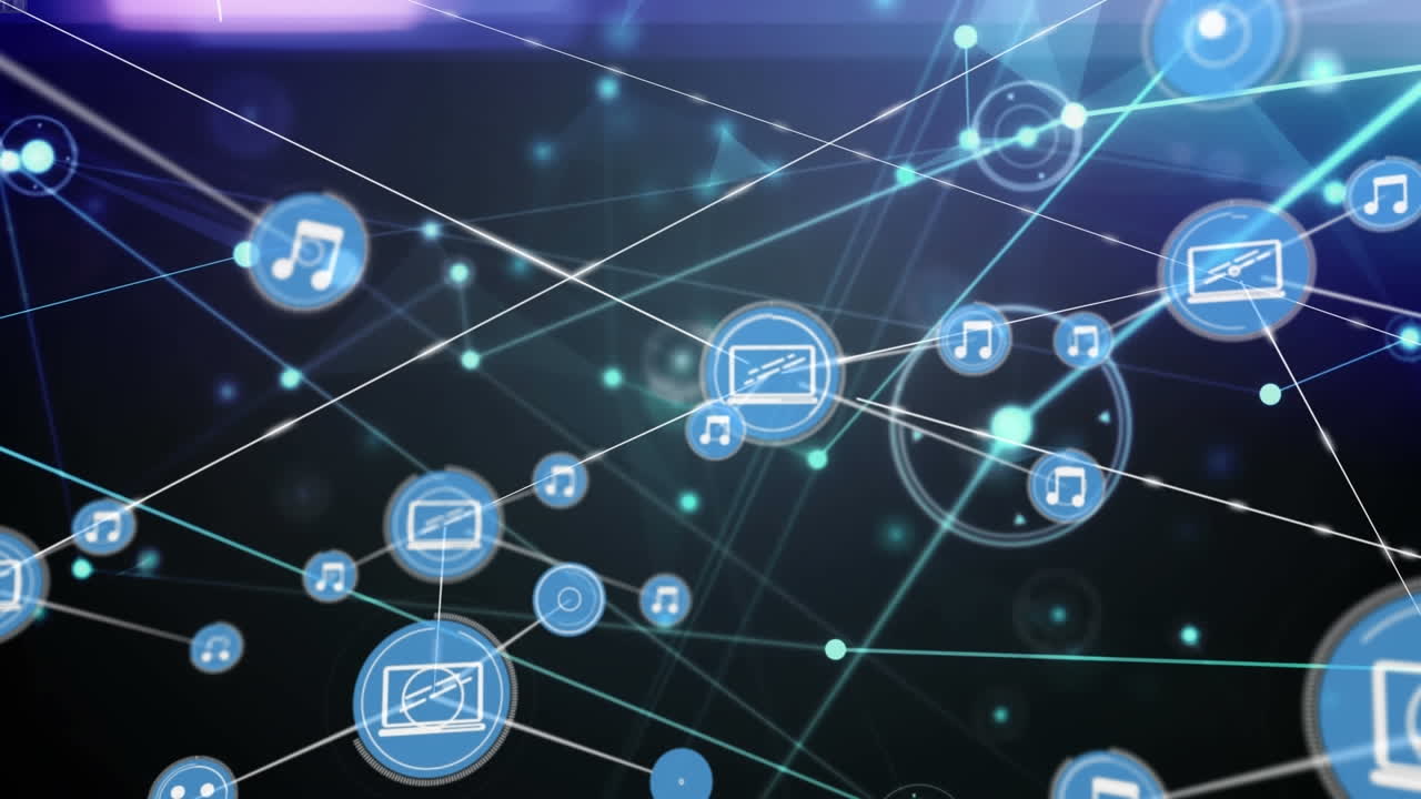 Animation of music icons and laptop icon connected with lines over connected dots forming shapes
