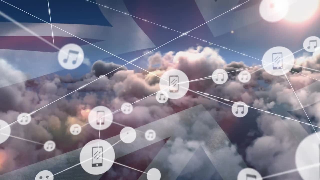 영국  ⁇ 발과 함께 구름진 하늘 위의 아이콘과 연결망