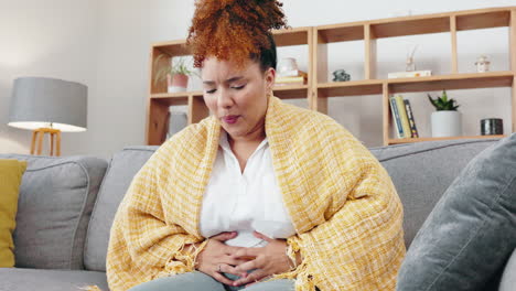 sick black woman, stomach and body pain in house