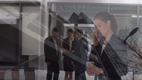 animation of office building over business people talking in modern office