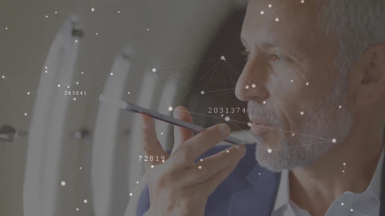 Animation of global network of connections with man in background