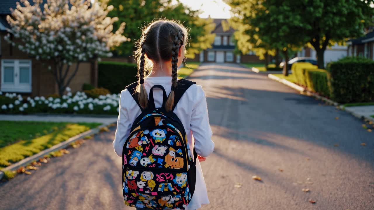 Back view of a girl with a colorful backpack walking down a sunlit suburban street