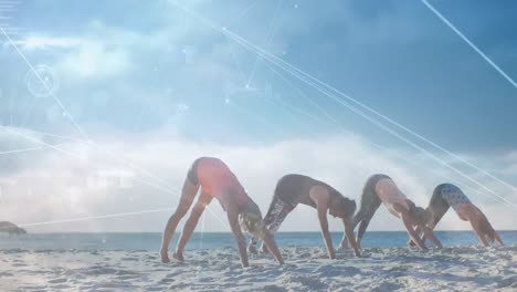 animation of data processing over group of female friends practicing yoga, meditating at the beach