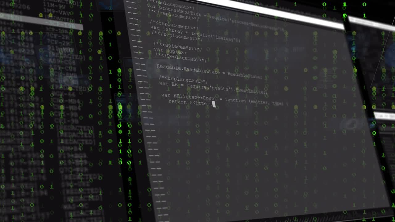 Grøn binær kaskade initierer skærm, der toner ind, kodeeditor udfyldes med demo af script-bygning