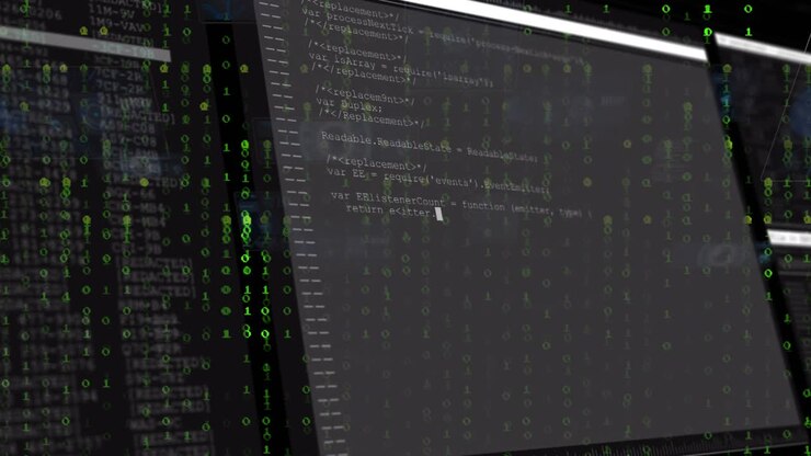 Grüne Binärcodes kaskadieren, ein Monitor blendet ein, Code-Editor füllt sich mit einem Skript für eine Build-Demo.