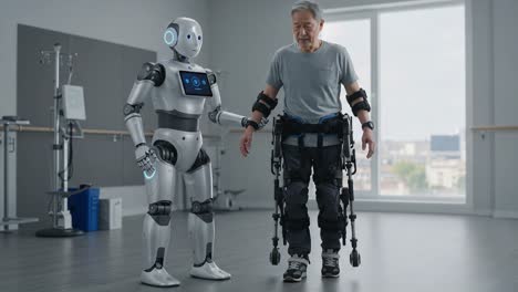 a friendly robot assists an elderly man in rehabilitation: a touch of technology in daily life enhancement and mobility support