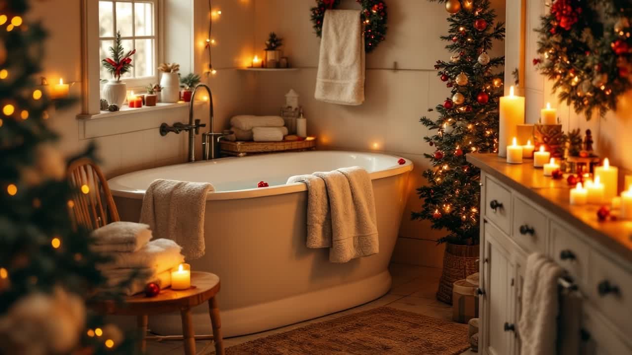 Festive bathroom featuring candlelight, pine tree decor, plush towels creating relaxing winter sanctuary for soothing evening moments